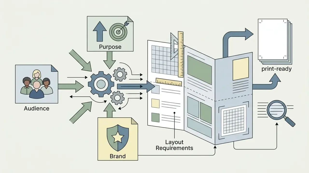 Icons for audience, purpose, and brand feeding into a gear system that formats a brochure layout