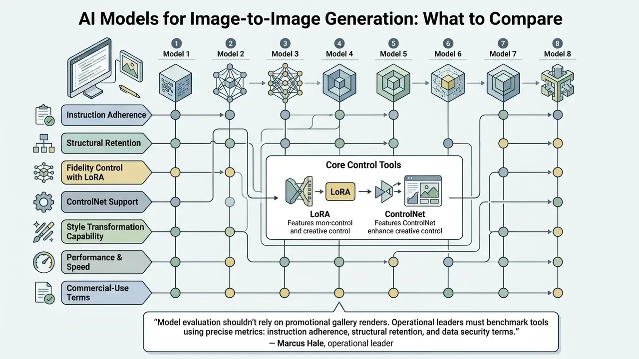 Matrix chart evaluating eight AI image generator models against key performance and control metrics