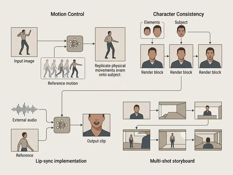 Visual breakdown of motion control, character consistency, lip-sync, and multi-shot storyboard processes