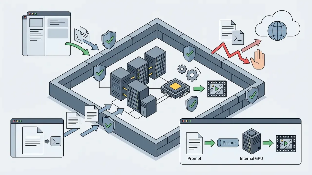 Internal servers processing prompts behind a secure wall to prevent data leakage to external cloud networks