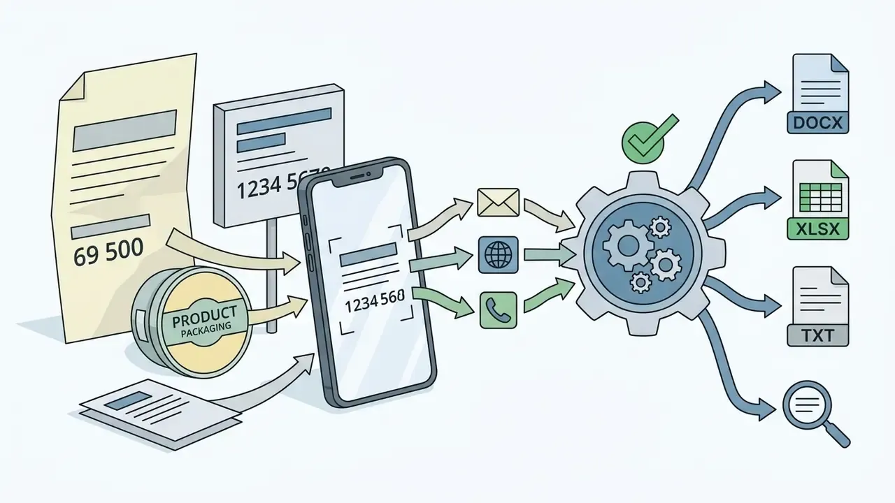Smartphone scanning physical signage and packaging to extract contact data for conversion into digital files