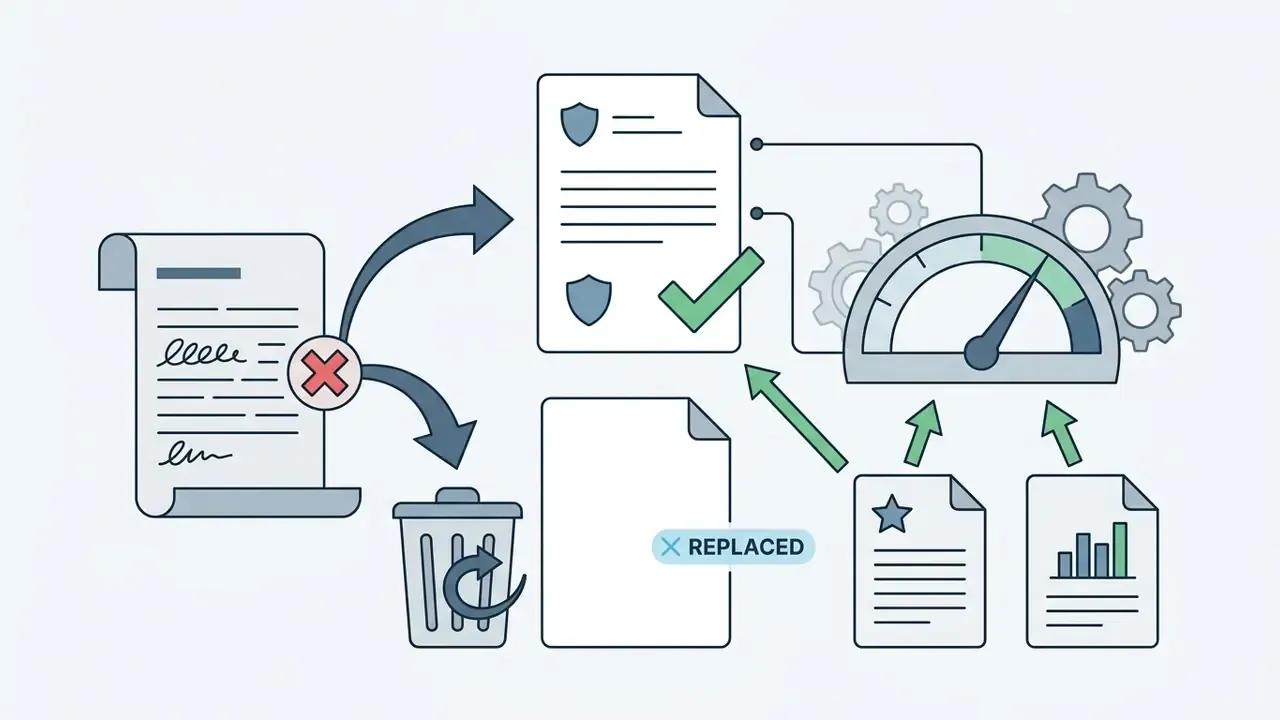 Document being discarded and replaced by verified files feeding into a gauge and gear system
