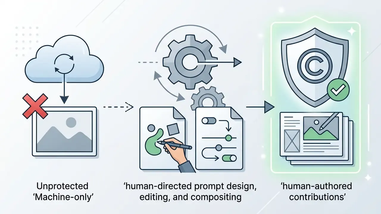 Process flow from machine-only output to human-directed editing and final copyrightable contributions