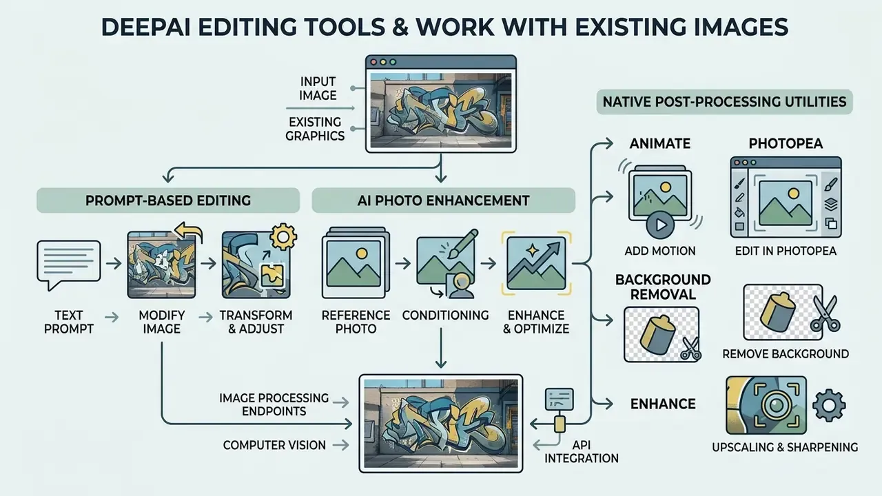 Diagram illustrating how a deep AI image generator processes existing graphics through editing tools