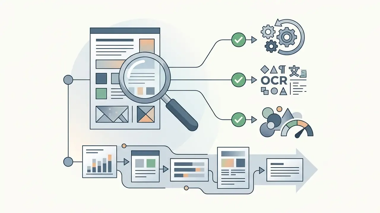 Magnifying glass over a document leading to icons for processing, OCR, and data analysis tasks