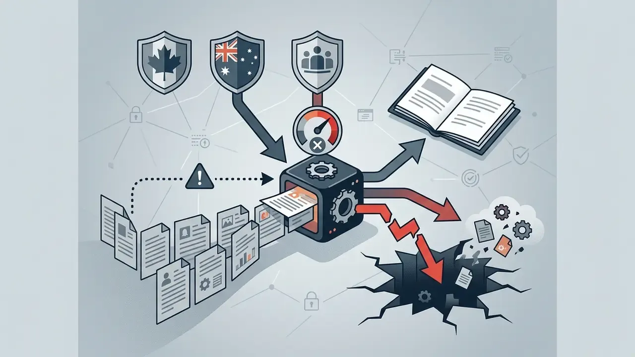 Documents entering a gear mechanism under government shields and falling into a dark data leak pit