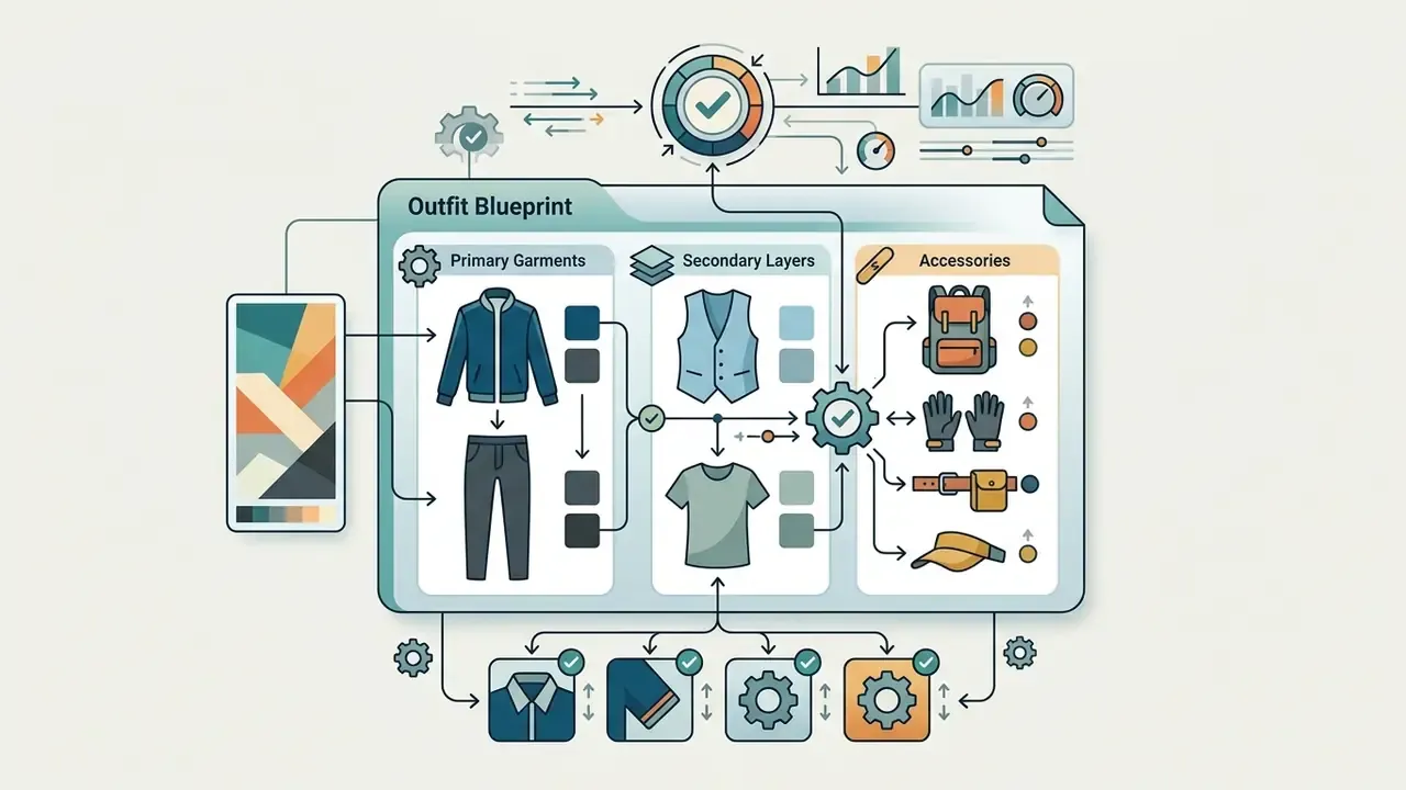 System map showing how clothing items and accessories are organized into a digital outfit blueprint