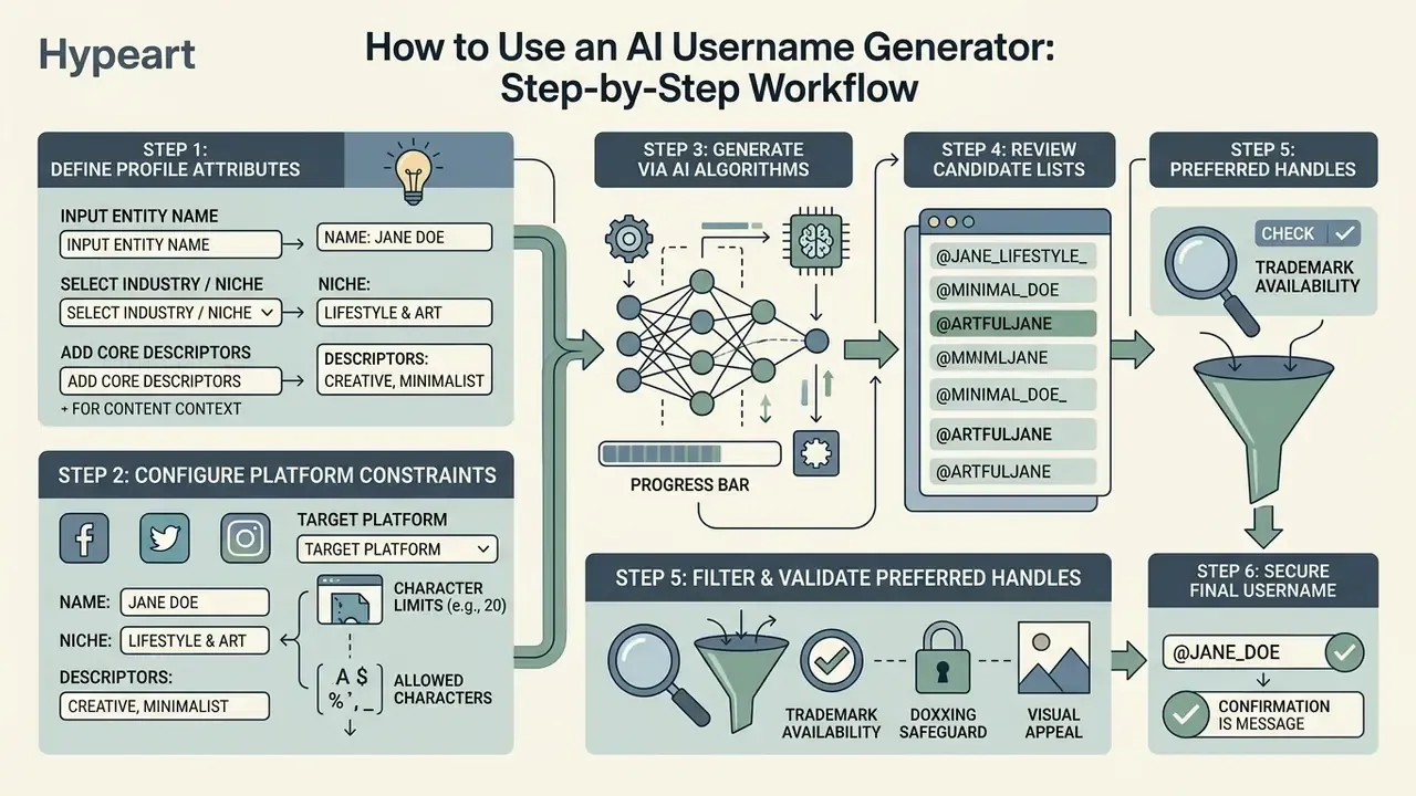Six step diagram showing how an AI username generator processes input data into verified final handles