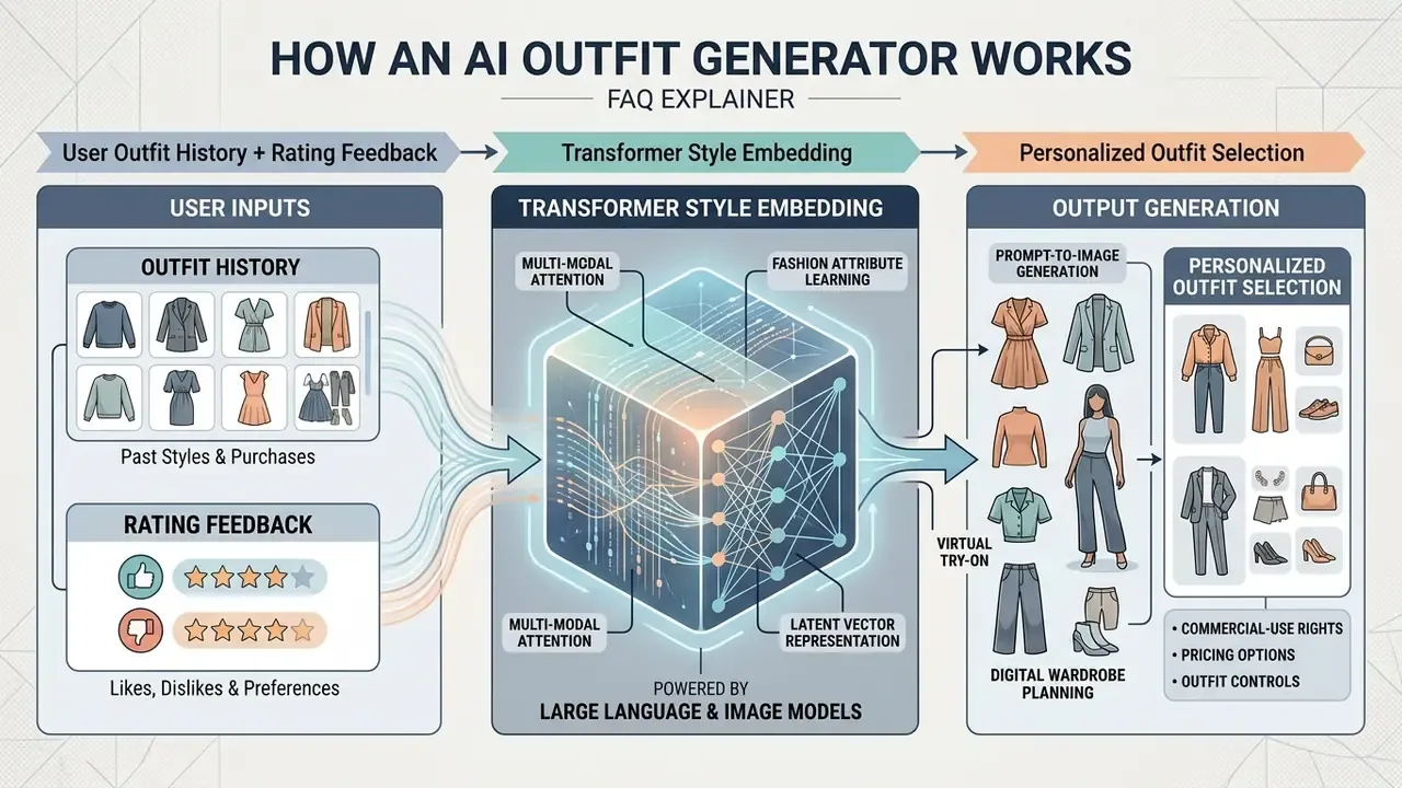 Visual representation of user data feeding into a transformer model to generate personalized fashion looks