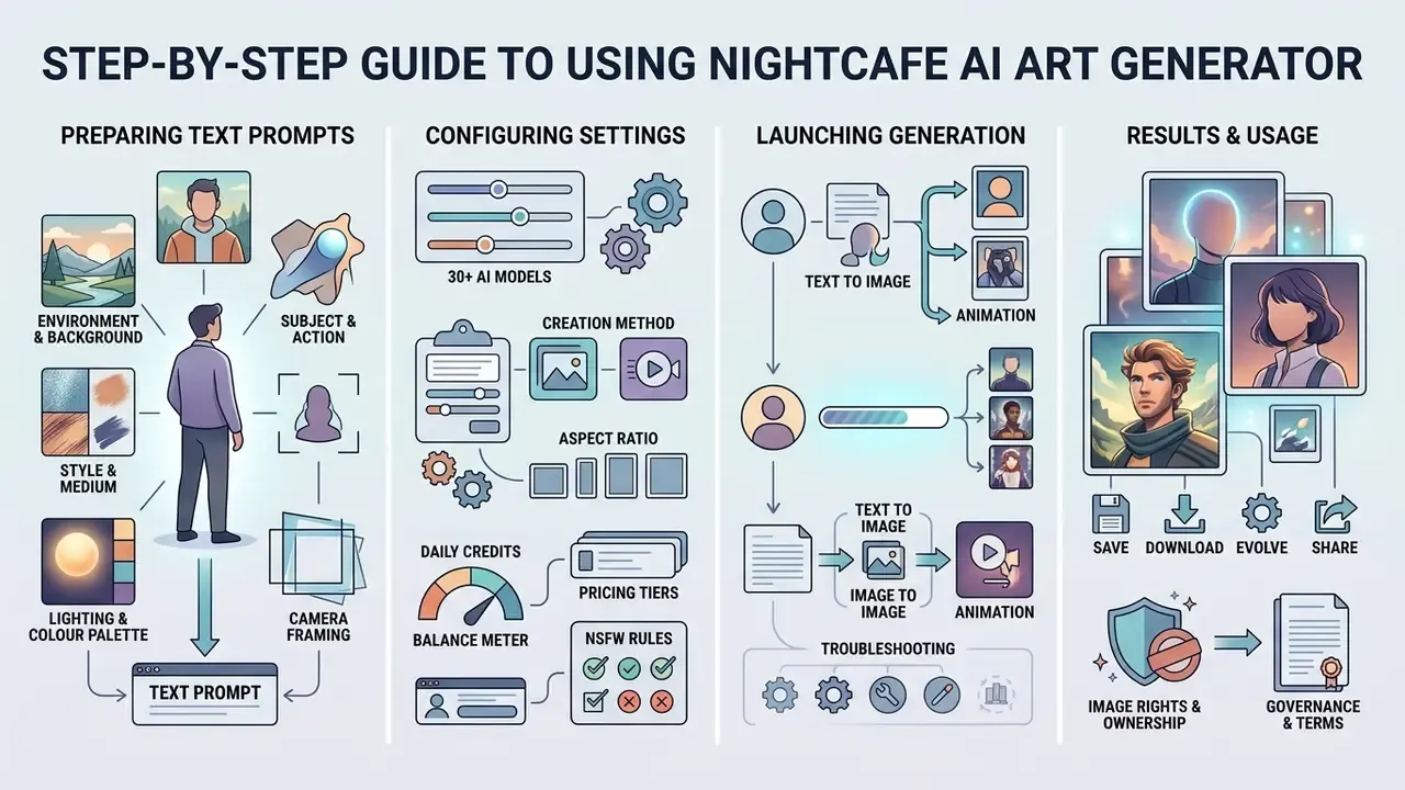 Infographic detailing the NightCafe AI workflow from prompt engineering to final image management