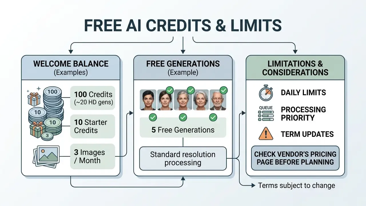 Chart showing welcome credit balances, free generation examples, and service usage limitations