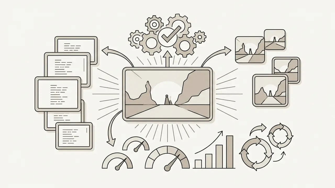 Central screen processing code blocks into landscape video frames with gauges and cyclical progress icons