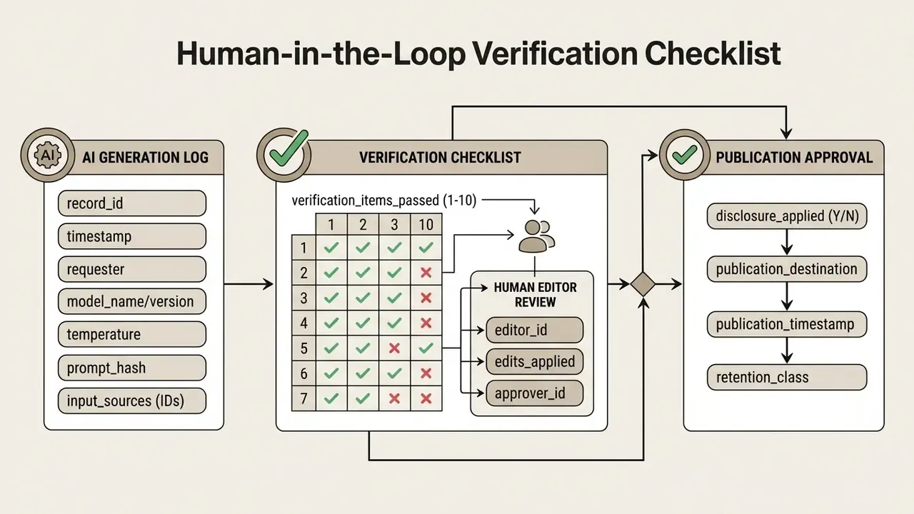 Three-stage workflow connecting generation logs to a verification checklist and final publication approval