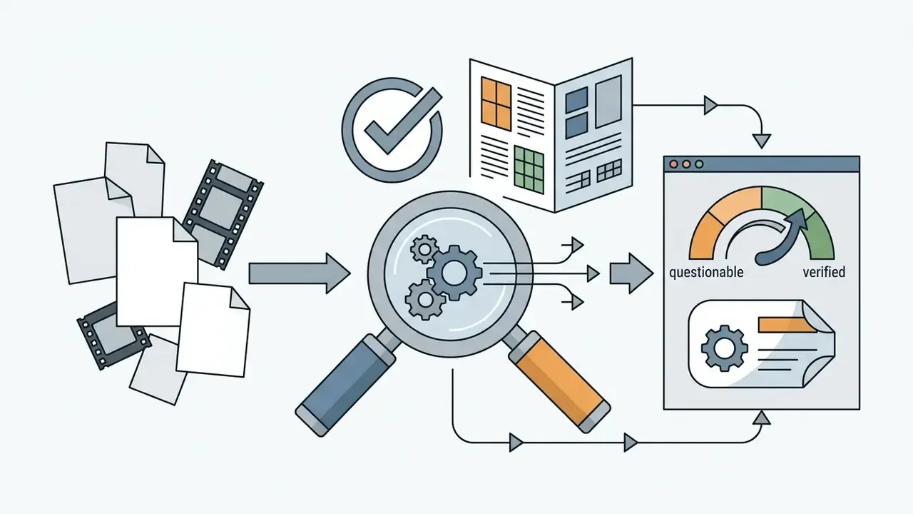 Magnifying glass examining documents and film strips before sending them to a gauge for verification
