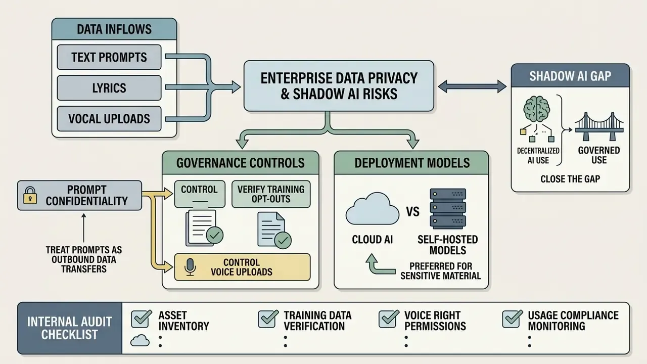 Flowchart mapping enterprise data privacy risks, governance controls, and deployment models for AI music