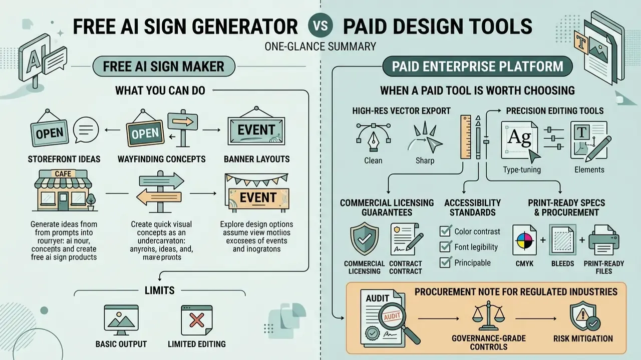 Comparison chart contrasting capabilities and limitations of automated sign makers versus enterprise tools