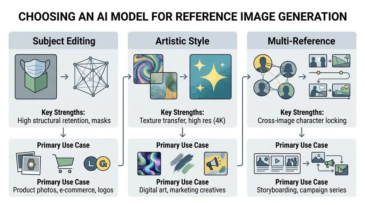 Comparison grid detailing strengths and use cases for subject editing, artistic style, and multi-reference AI