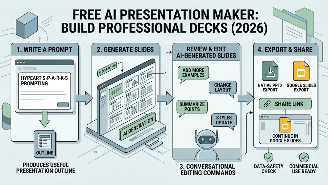 Step-by-step infographic showing the process of using an AI presentation maker to build and export slides