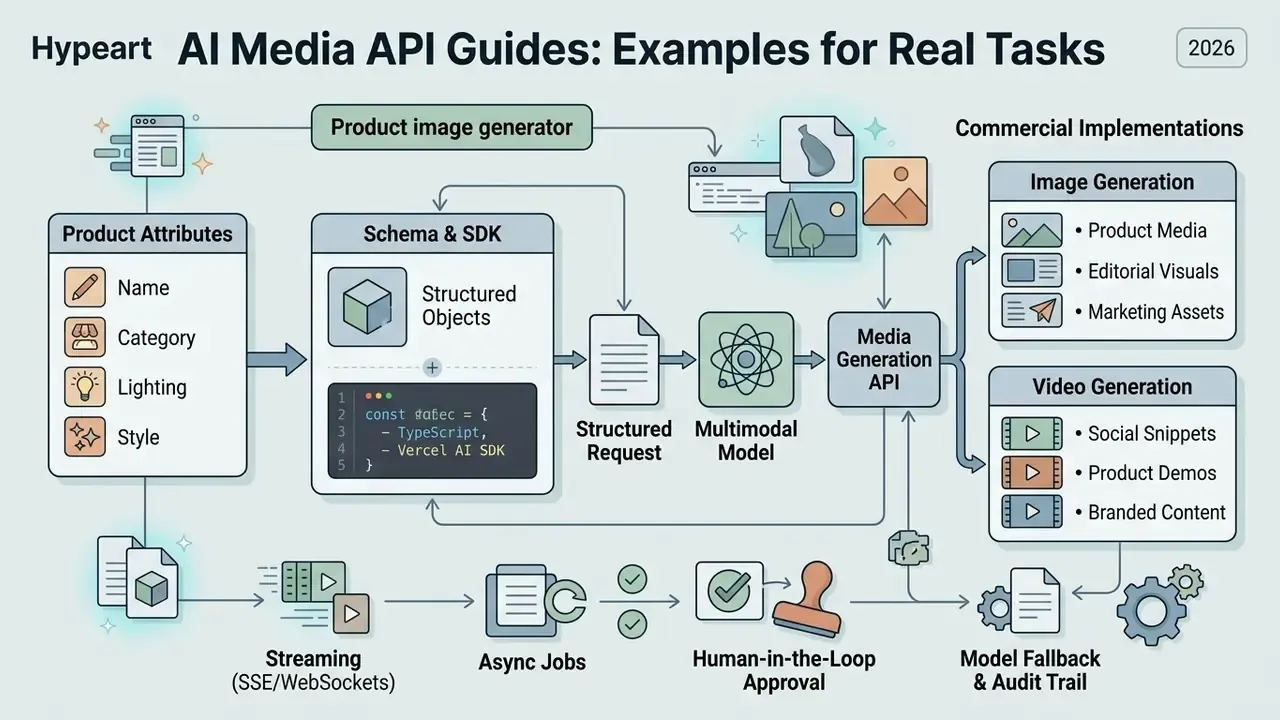 System map showing how product attributes and schema-driven SDK requests drive AI media generation