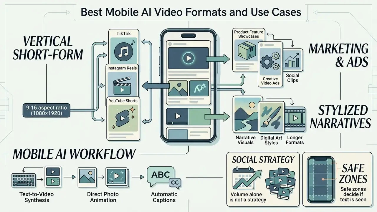 Infographic mapping vertical video formats, marketing use cases, and mobile production workflows