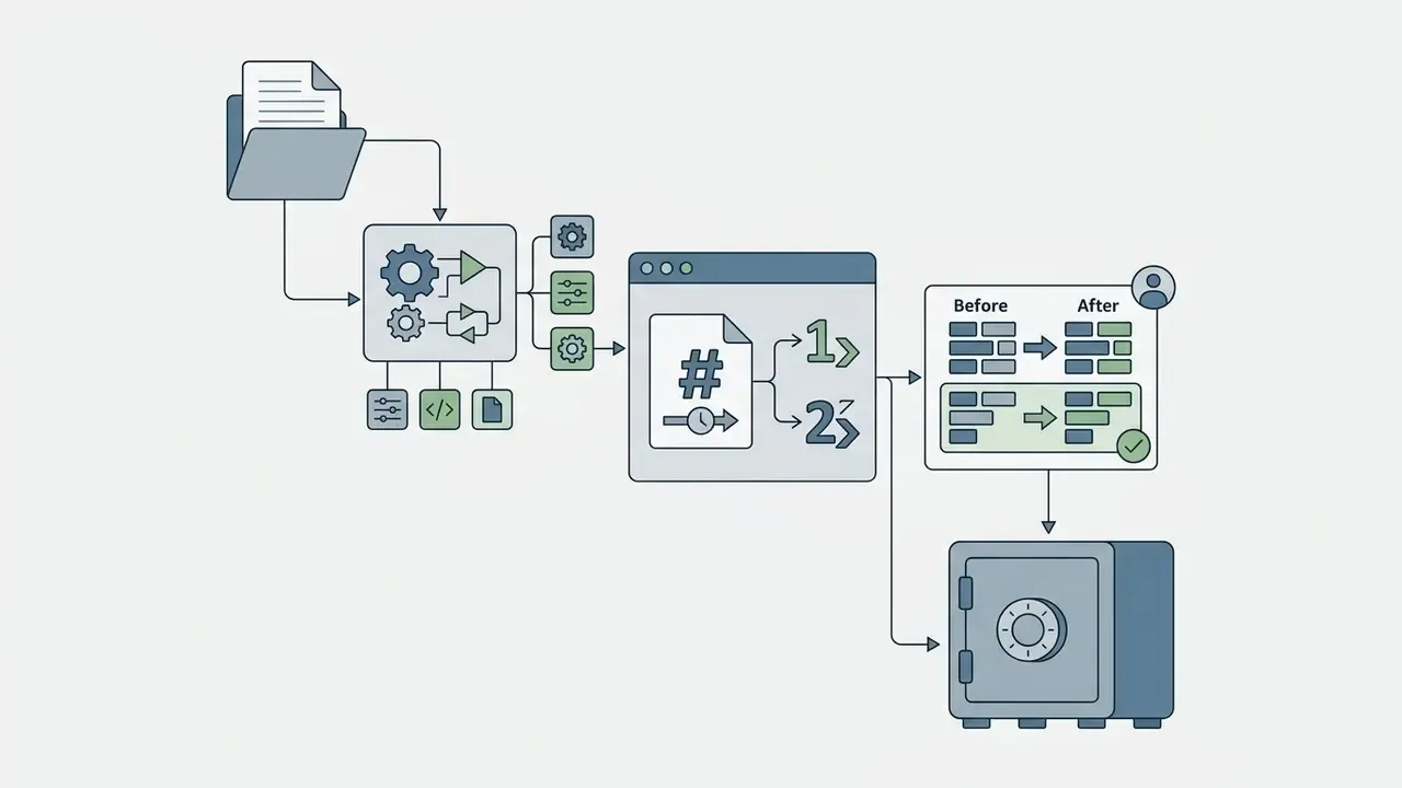 Media file processing flow showing version tracking, human review of diffs, and secure data storage