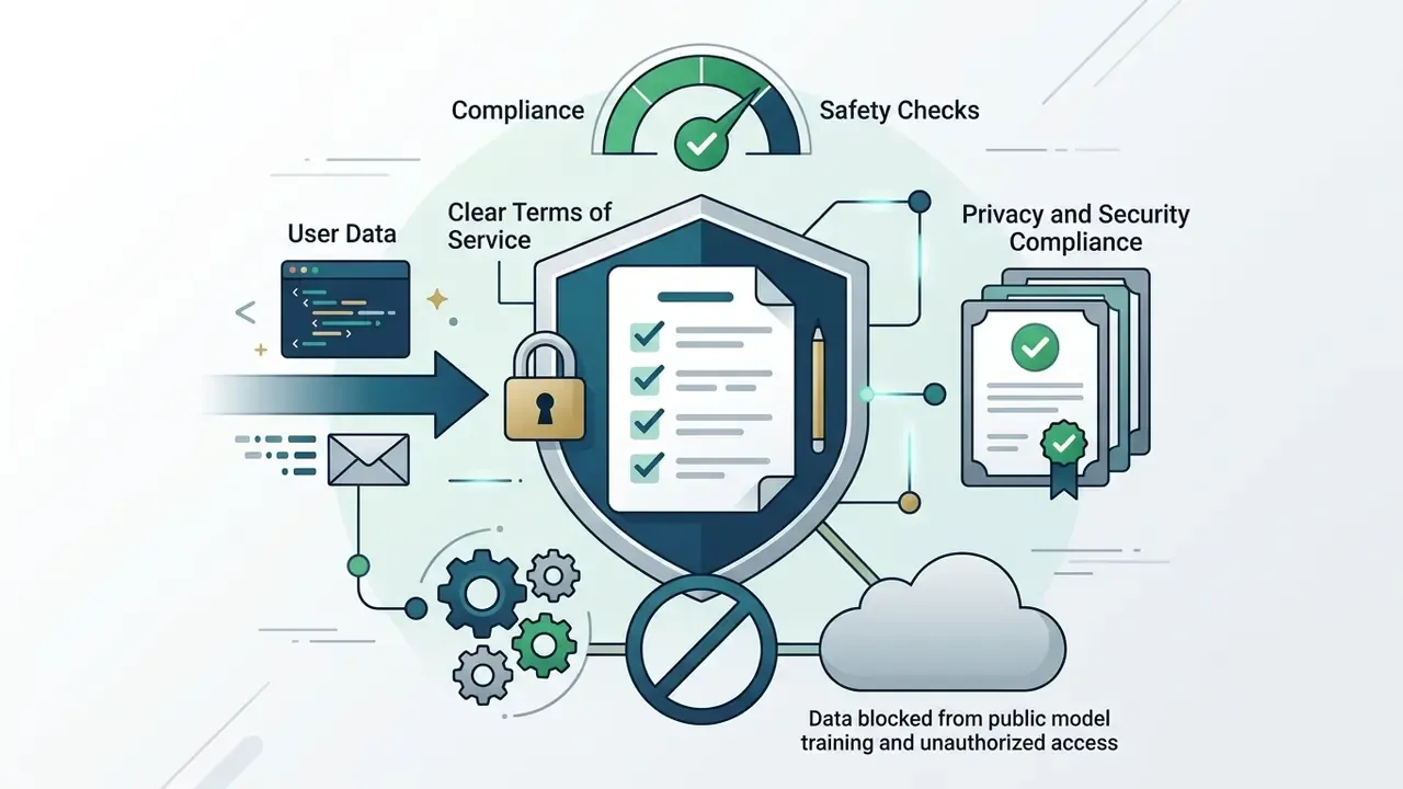 Shield protecting user data and documents with safety gauges and privacy compliance icons
