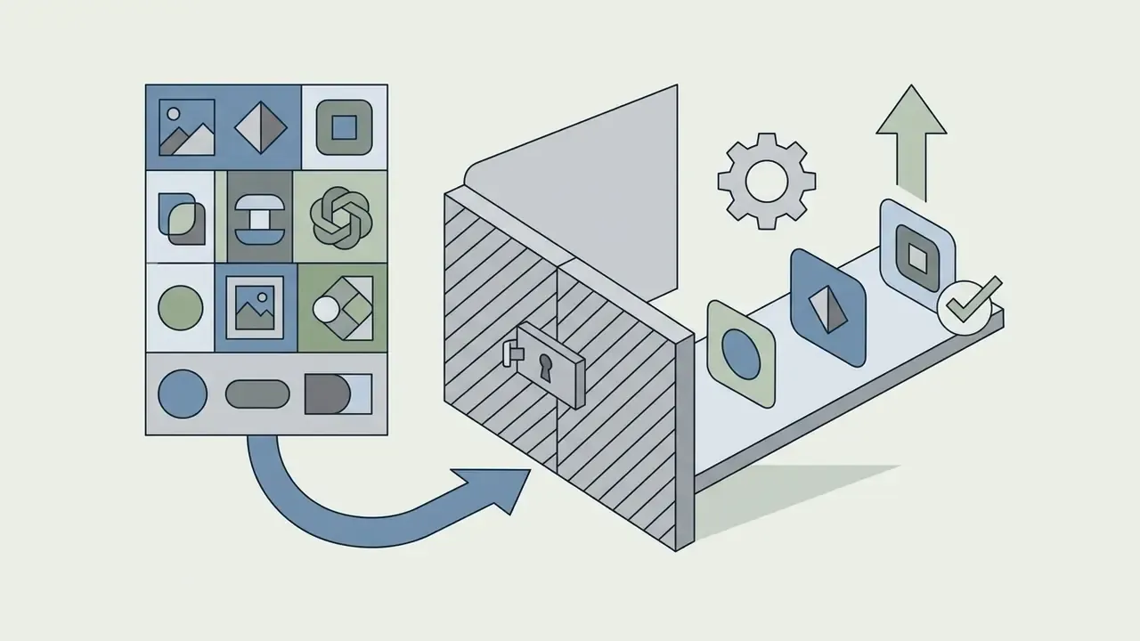 Selection of icons moving from a grid into a locked vault with only a few items passing through