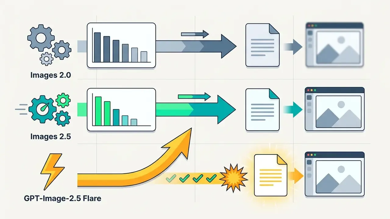 Comparison of image generation workflows showing gears, bar charts, and output speed for three model versions