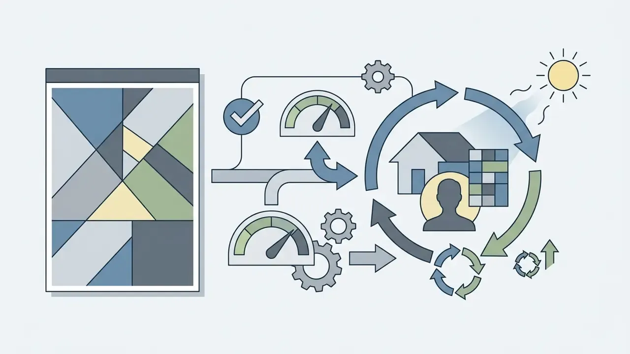 Geometric image next to a circular processing loop with gauges, gears, and a sun icon