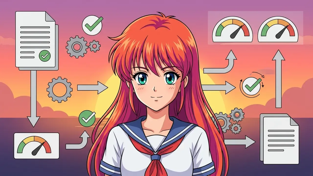 Anime girl character surrounded by technical icons like gears, gauges, and documents on a sunset background