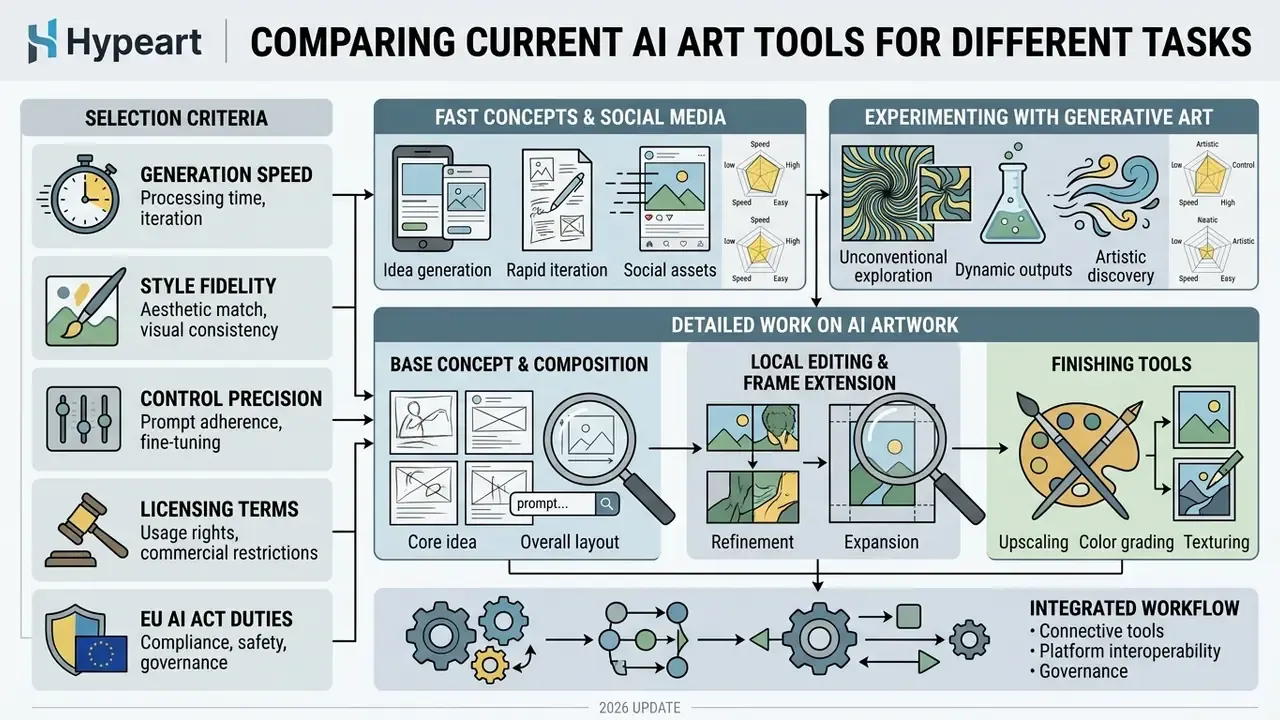 Infographic showing selection criteria and workflows for choosing AI art tools for creative tasks