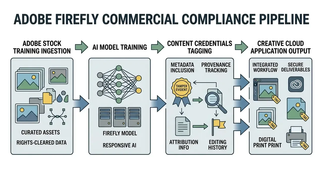 Diagram showing Adobe Firefly training from stock data through content tagging to Creative Cloud output