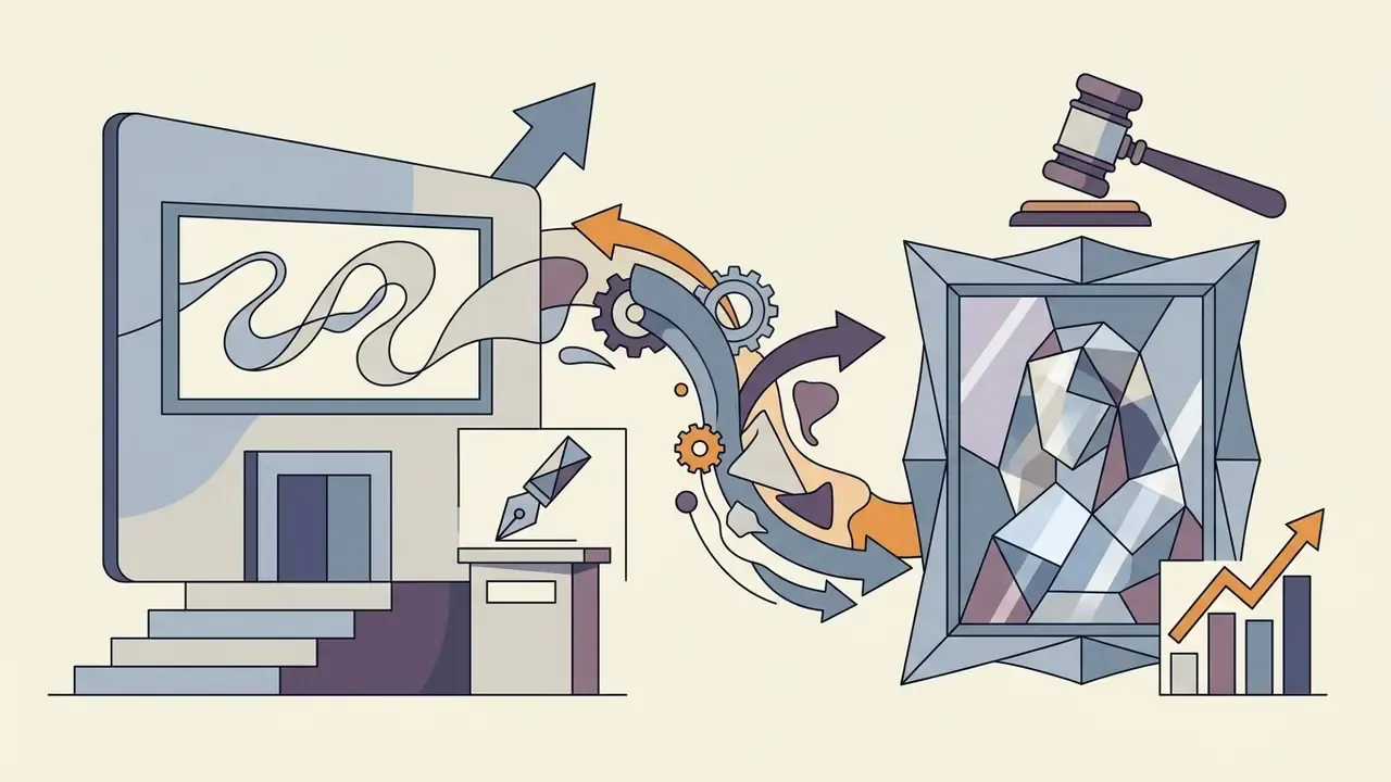 Museum building and fountain pen connecting through gears to a faceted portrait and a legal auction gavel