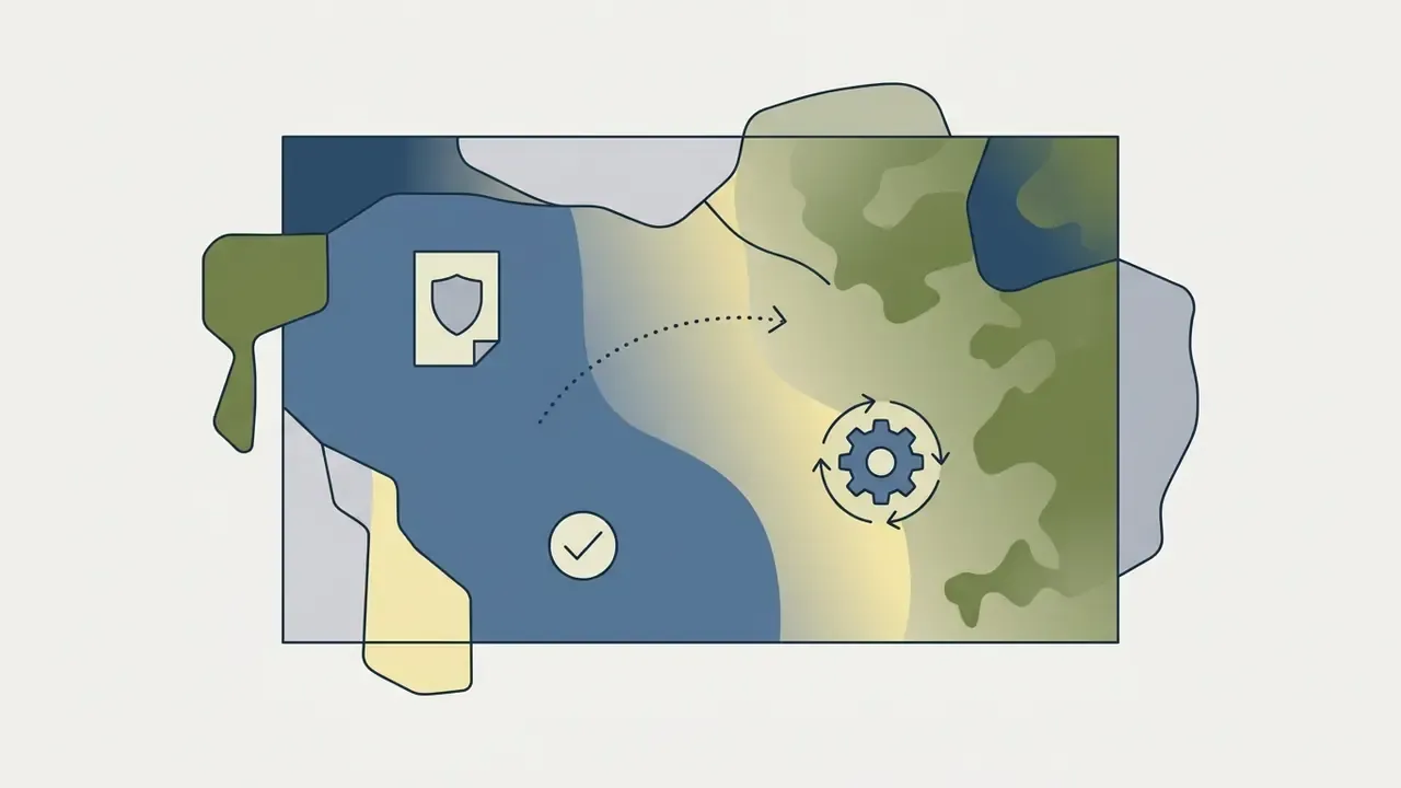 Map showing a shield icon and a gear icon connected by a curved arrow across color-coded border regions