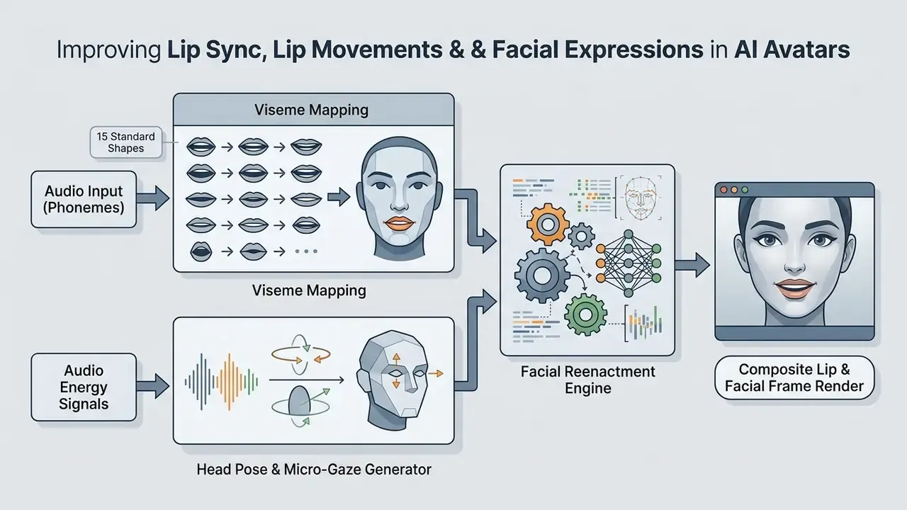 Flowchart showing audio inputs processed through viseme mapping and facial engines to render avatar video