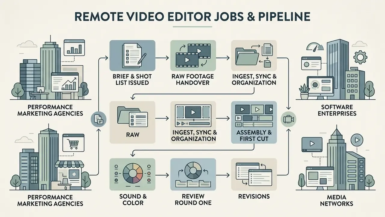 Flowchart illustrating the post-production pipeline for remote video editor jobs from brief to revisions
