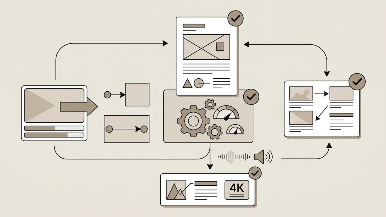 Workflow of frames and audio signals moving through a gear system to produce 4K video outputs