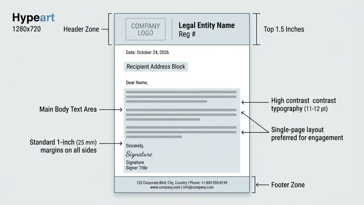 Labeled diagram showing standard zones and margin specifications for a professional business letterhead