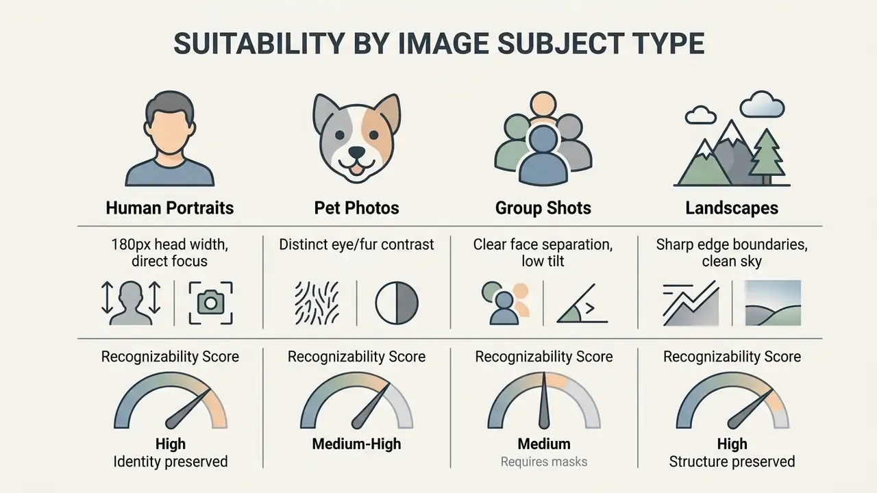 Table comparing technical requirements and recognizability scores for different cartoon photo subjects