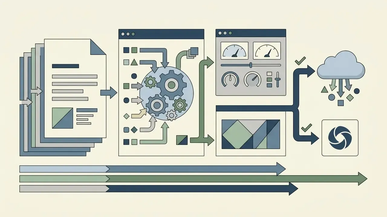 System diagram showing data inputs processing through gears into control panels and cloud storage
