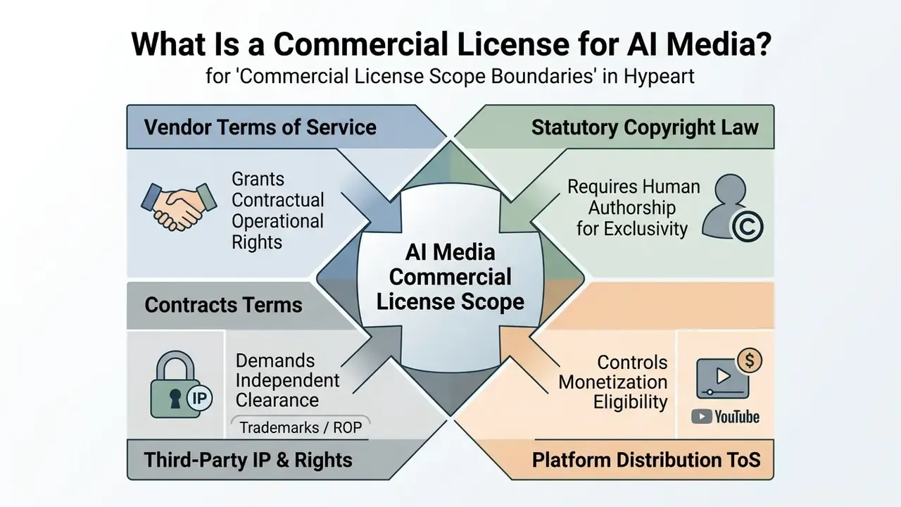 Diagram showing four key factors that define the scope of a commercial license for AI media