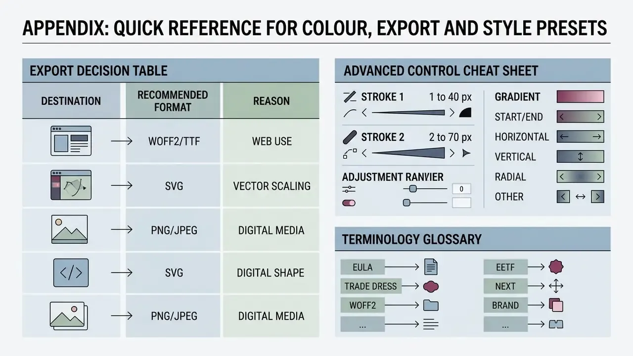 Table of export formats, advanced stroke and gradient controls, and a list of design terminology