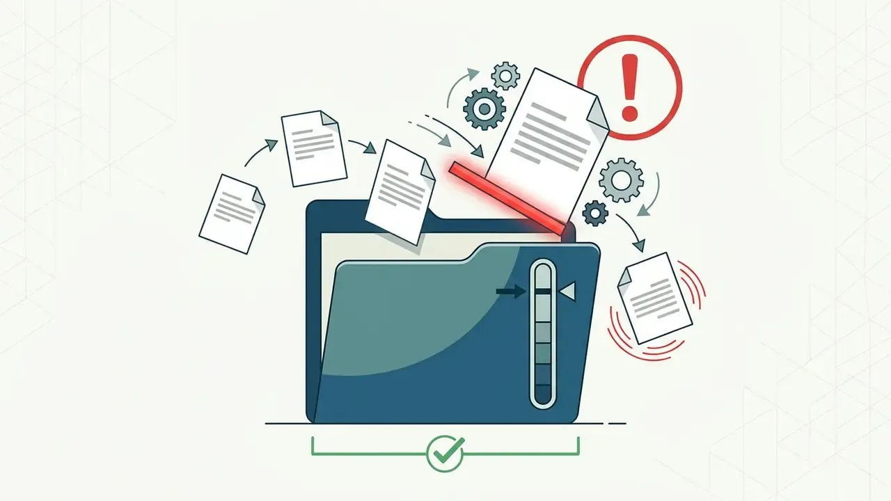 File folder with a status gauge rejecting an oversized document marked with an exclamation point icon