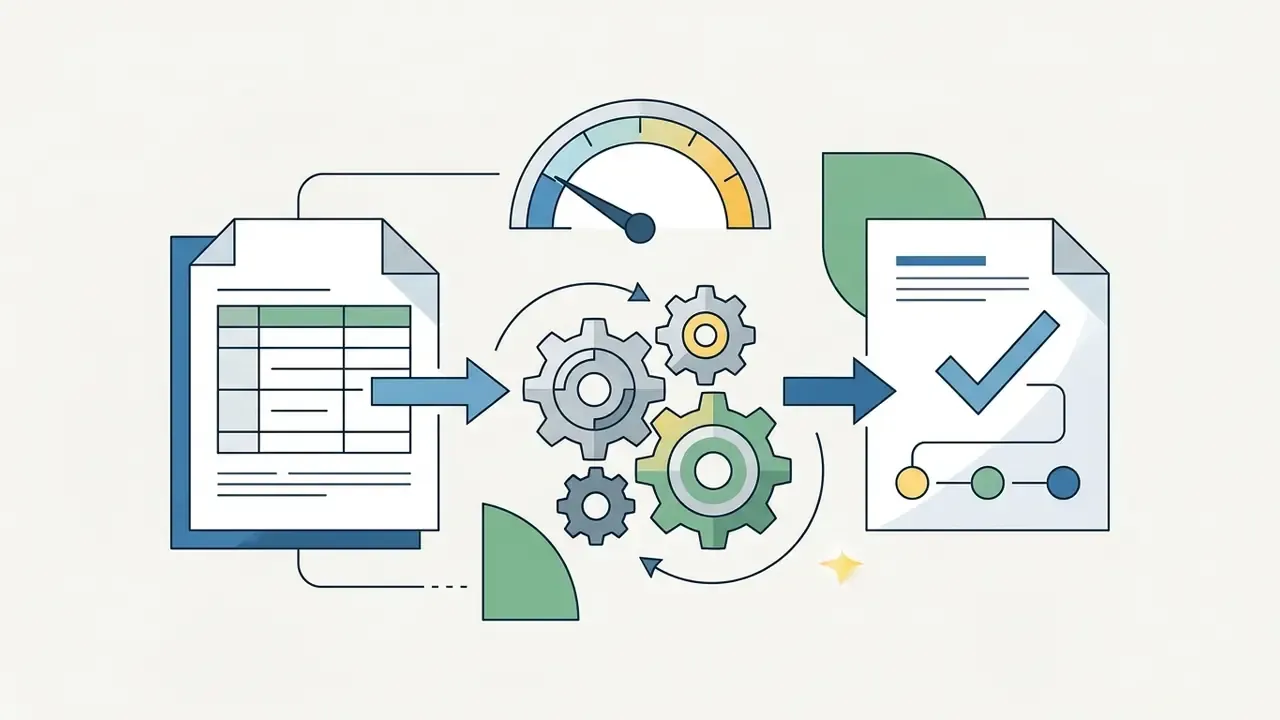 Document data flowing through a central gear mechanism to produce a verified output with a speed gauge