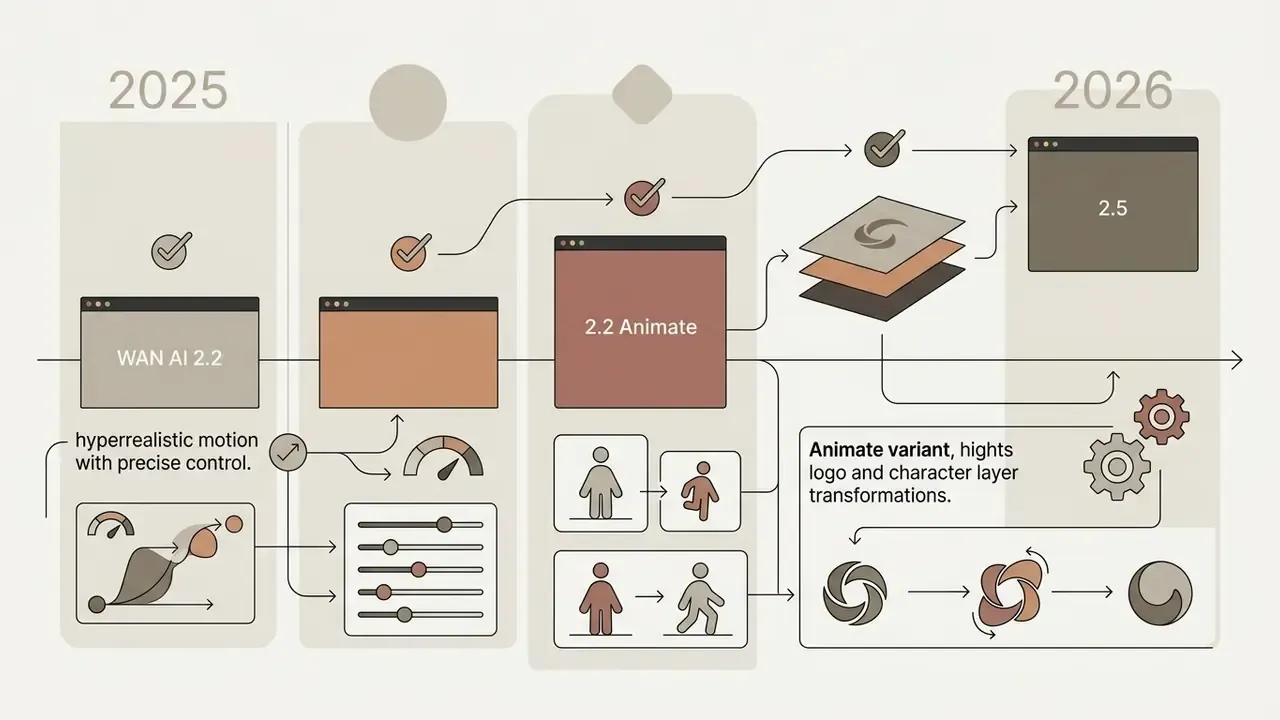 Timeline showing WAN AI model versions with layer transformation icons and motion control settings