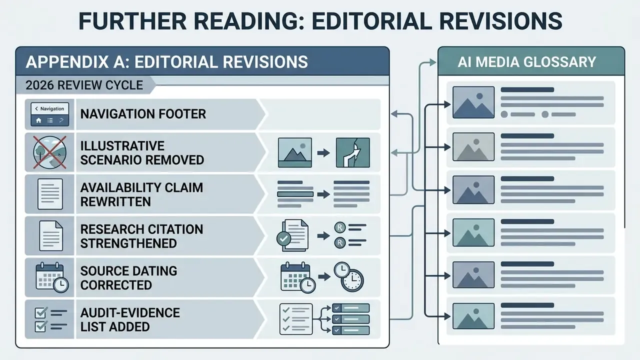 Table listing document revisions linked to a glossary of AI media terms via directional flow arrows