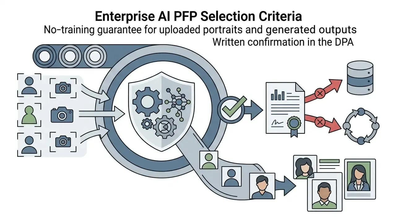 Portraits and camera icons feeding into a gear-shield mechanism that blocks data from training databases