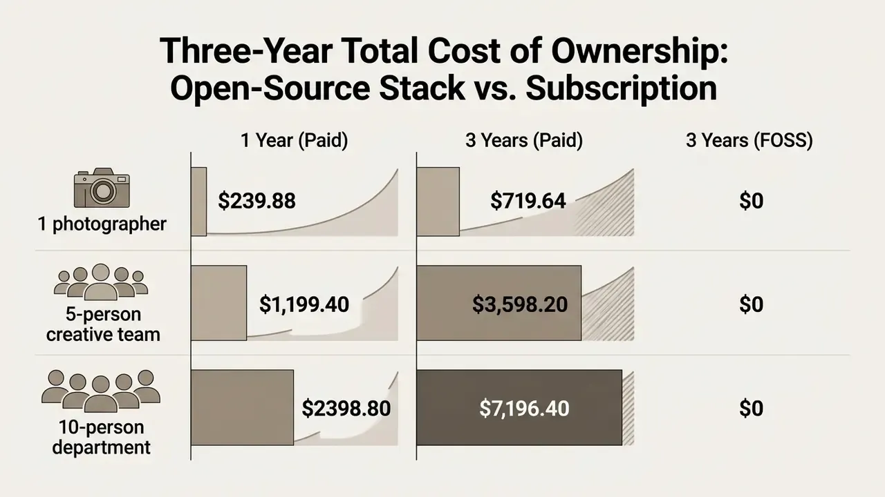 Data table showing rising subscription costs versus zero expense for open source software by team size