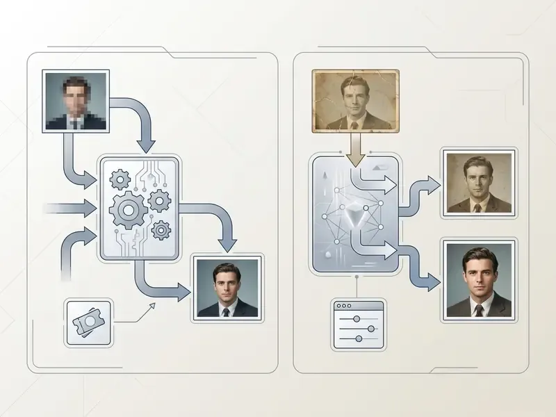 Two diagrams showing digital processing of pixelated and vintage portraits into clear modern photos