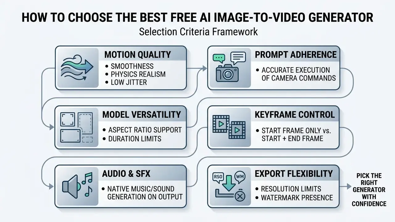 Flowchart outlining six key criteria for evaluating an AI image-to-video generator